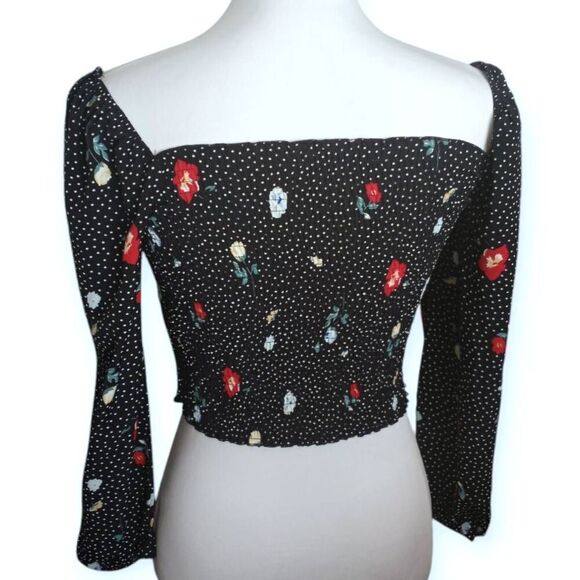 ABERCROMBIE & FITCH SMOCKED BLACK FLORAL WHITE POLKA-DOT CROP TOP SZ.XS EUC. - Picture 3 of 6